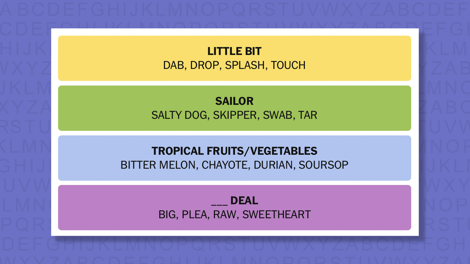 NYT Connections answers for game 895 on a purple background