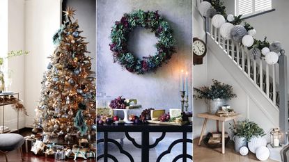 christmas tree, christmas wreath, christmas stair garland