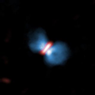 ALMA's observation of the protostar Orion KL Source I. The protostar is in the center, surrounded by a disk of gas (in red). More gas flows out at each of the poles as it's ejected from the forming star (in blue).