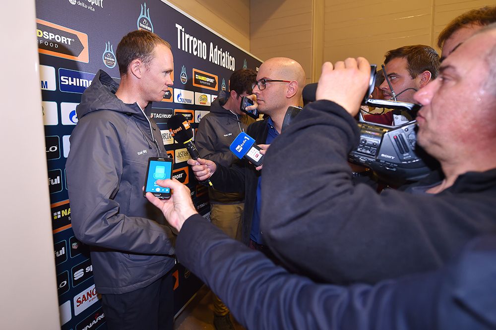 Chris Froome draws a crowd at the Tirreno-Adriatico press conference
