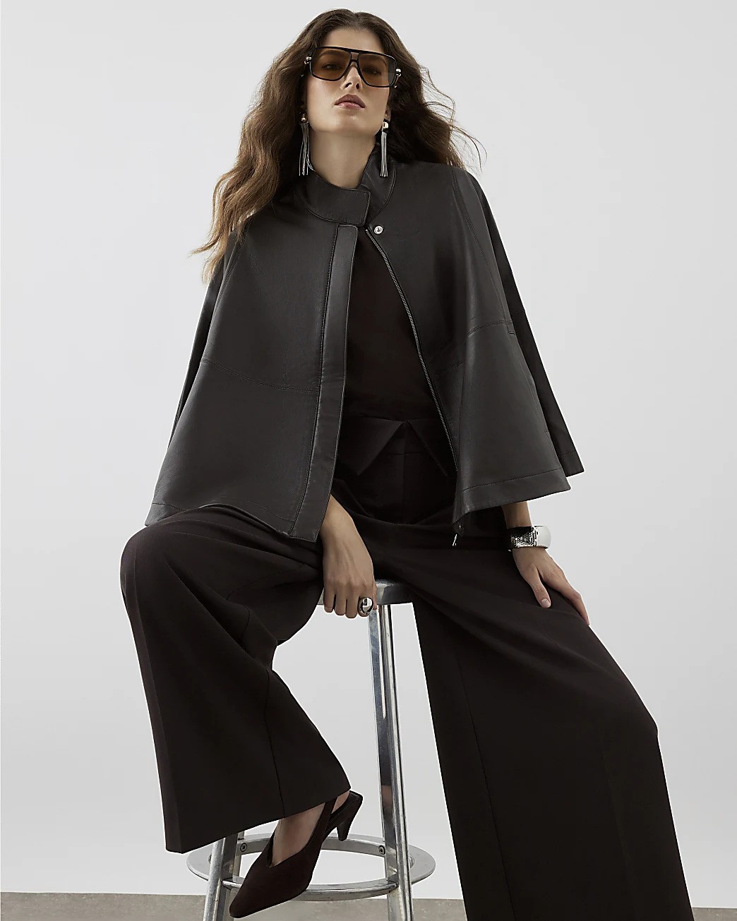 River Island, Ri Studio Brown Leather Funnel Neck Cape