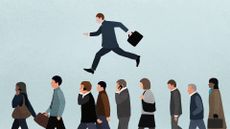 Career change concept art showing line of jobseekers with man in suit and briefcase gliding over them.