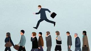 Career change concept art showing line of jobseekers with man in suit and briefcase gliding over them.