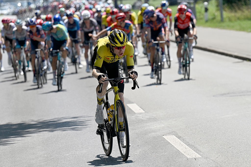 NEUHAUSEN AM RHEINFALL, SWITZERLAND - JUNE 20: Thomas Gloag of Great Britain and Team Visma | Lease a Bike attacks in the chase group during the 88th Tour de Suisse 2025, Stage 6 a 186.7km stage from Chur to Neuhausen am Rheinfall / #UCIWT / on June 20, 2025 in Neuhausen am Rheinfall, Switzerland. (Photo by Tim de Waele/Getty Images)