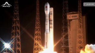An Avio Vega C rocket launches the SMILE space weather mission from Kourou, French Guiana on May 18, 2026.