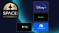 The Disney Plus, Hulu, Paramount Plus and Apple TV Plus logos on a blue planet background with the space.com logo in the top left corner