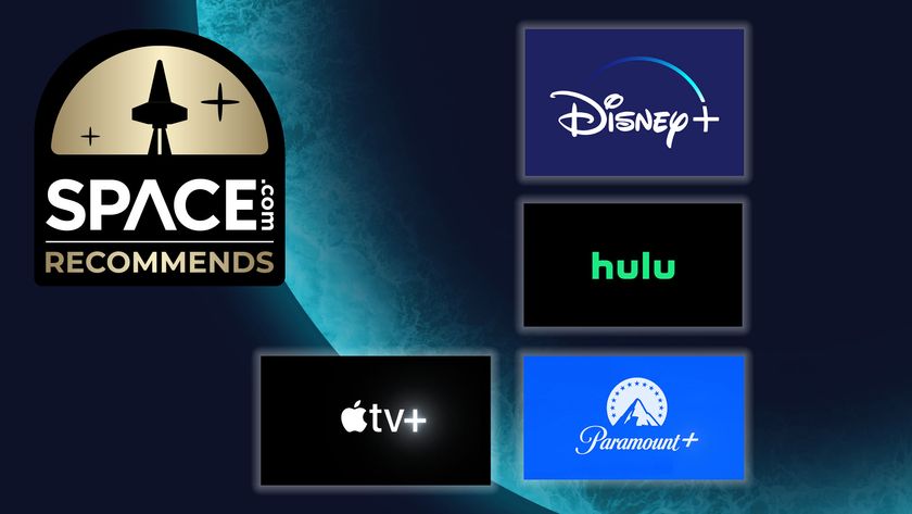 The Disney Plus, Hulu, Paramount Plus and Apple TV Plus logos on a blue planet background with the space.com logo in the top left corner
