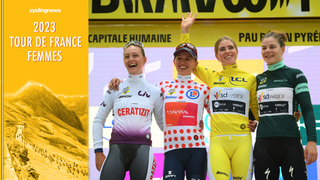 Tour de France Femmes 2023 jersey wearers, Cédrine Kerbaol, Kasia Niewiadoma, Demi Vollering, Lotte Kopecky