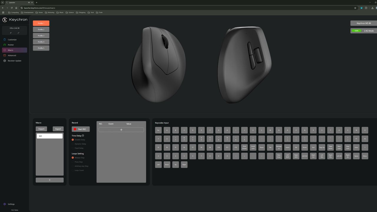 A screenshot of the Keychron Launcher, a web-based configuration tool for Keychron keyboards and mice