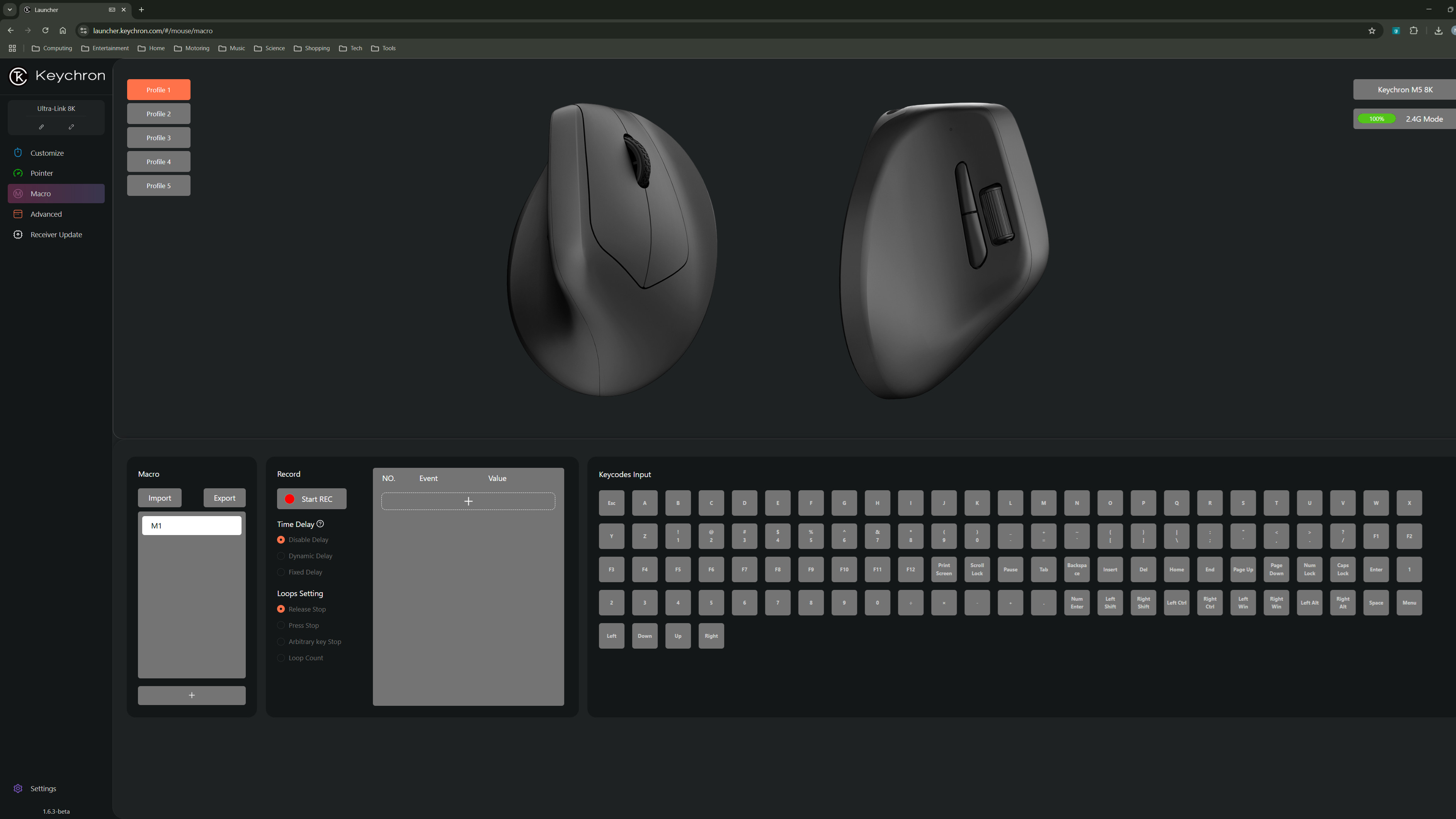 A screenshot of the Keychron Launcher, a web-based configuration tool for Keychron keyboards and mice