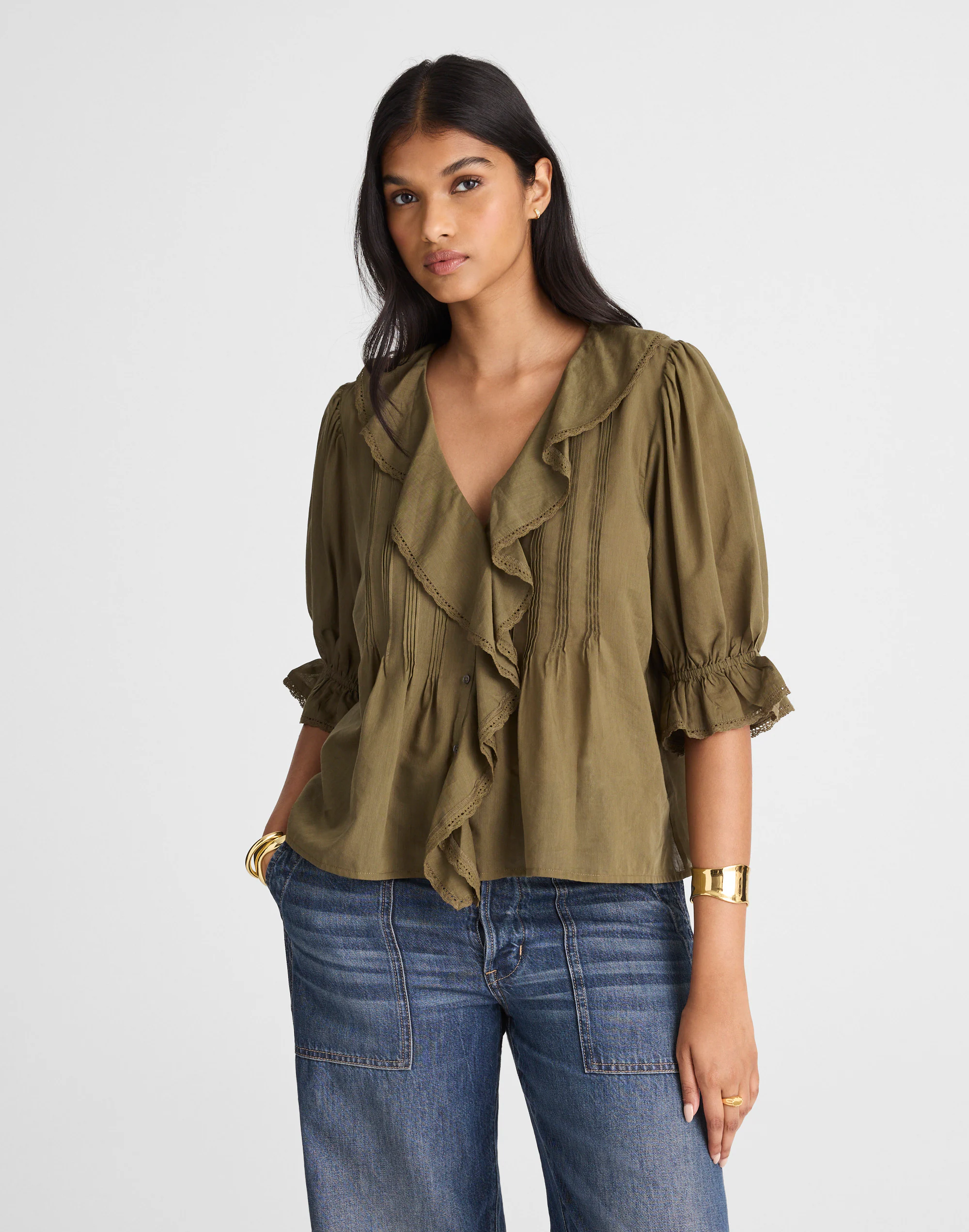 Pintucked Ruffled Puff-Sleeve Top