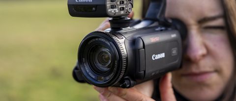 A side-angled view of the Canon XA65 camcorder