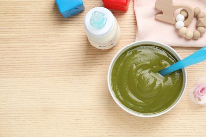 Baby food: garden vegetable combo baby food, dark green in a small bowl next to a baby's bottle