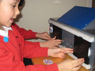 Children received stickers as a reward from the puzzle box. When trying to solve the box's three levels, children taught and imitated each other and shared the rewards. Monkeys and chimpanzees did not. 