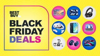 Collage of tech from the Best Buy Black Friday sale, including TCL TV, LG TV, MacBook Air, Bose headphones, Meta Quest 3S, Samsung A16 and Ninja blender
