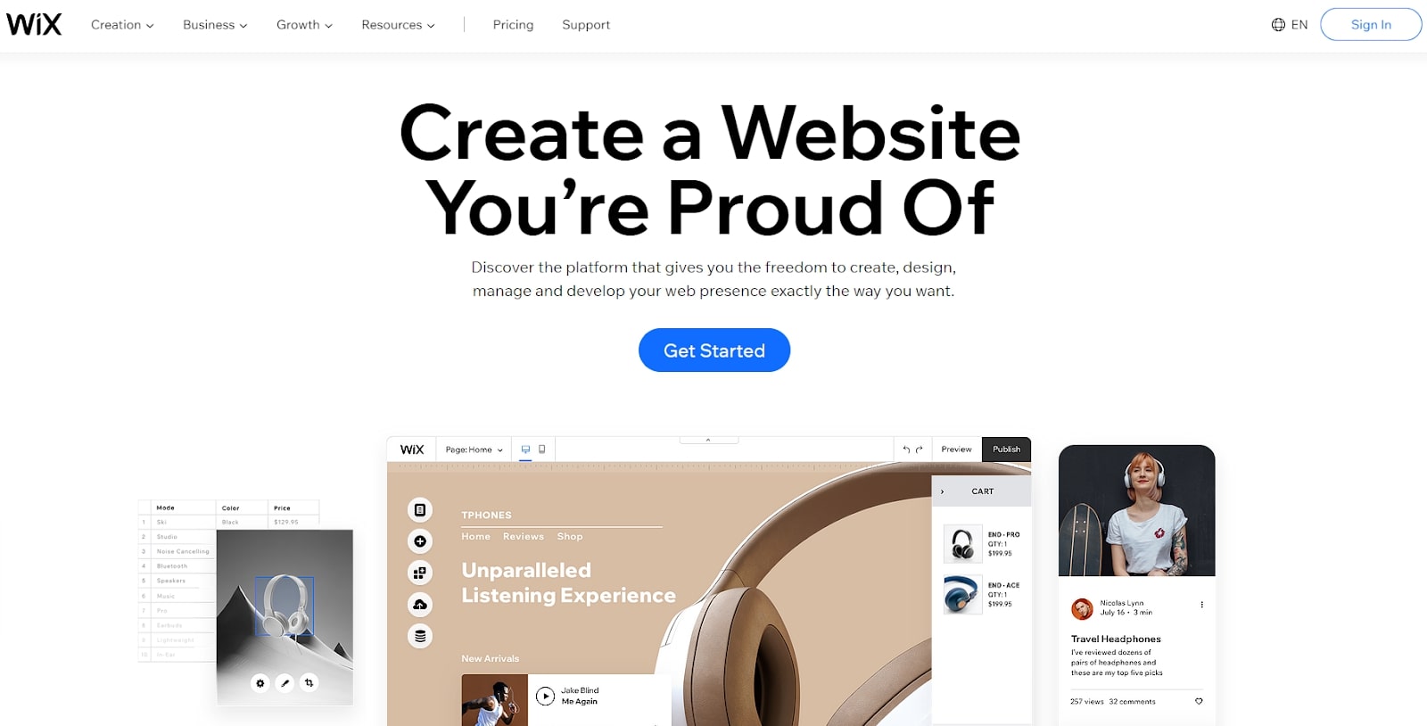 Homepage of Wix, one of the best website builders for videographers, featuring example site about headphones
