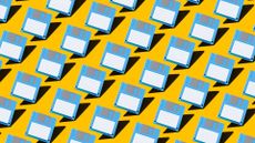 Concept art showing blue-colored floppy disks on a yellow background.