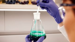 A beaker filled with green liquid, held by a pair of hands wearing purple gloves