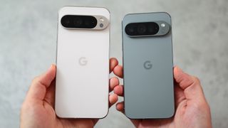 The Google Pixel 9 Pro and 9 Pro XL phones next to each other, both held in a hand