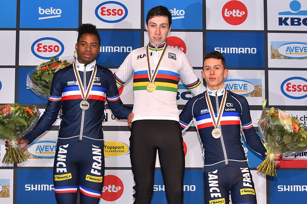 Jesn Dekker (Netherlands) with Mickael Crispin and Thomas Bonnet (France) on the podium in Zolder.