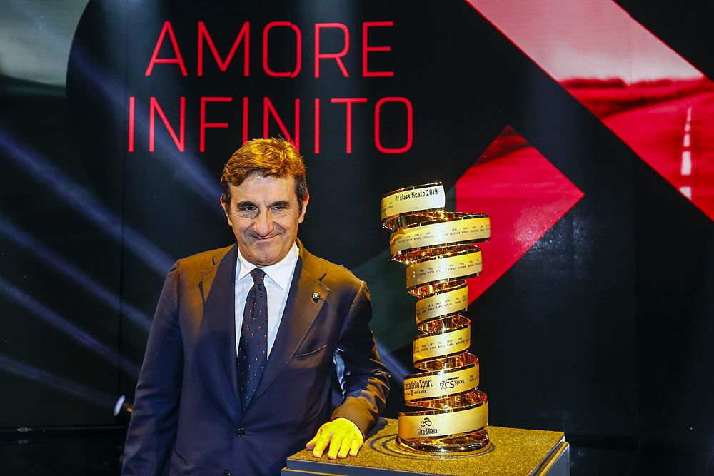 Urbano Cairo (ITA - RCS Media Group President) with the trophy at the presentation of the 2019 Giro d'Italia route