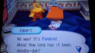 Egbert the chicken greeting a player he's not seen for a long time in Animal Crossing: Wild World.
