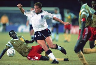 Regan's dad Paul Gascoigne playing for England at the World Cup in 1990 against Cameroon.