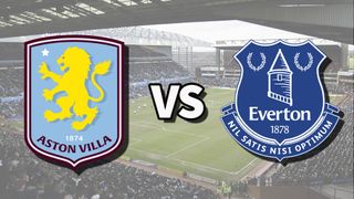 The Aston Villa and Everton club badges on top of a photo of Villa Park stadium in Birmingham, England