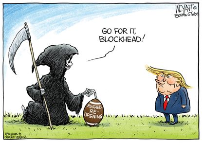 Political Cartoon U.S. Trump Peanuts football coronavirus reopening