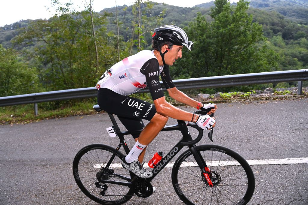 ALTU DE LANGLIRU SPAIN SEPTEMBER 13 Marc Soler of Spain and UAE Team Emirates competes in the chase group during the 78th Tour of Spain 2023 Stage 17 a 1244km stage from Ribadesella Ribeseya to Altu de LAngliru 1555m UCIWT on September 13 2023 in Altu de LAngliru Spain Photo by Tim de WaeleGetty Images