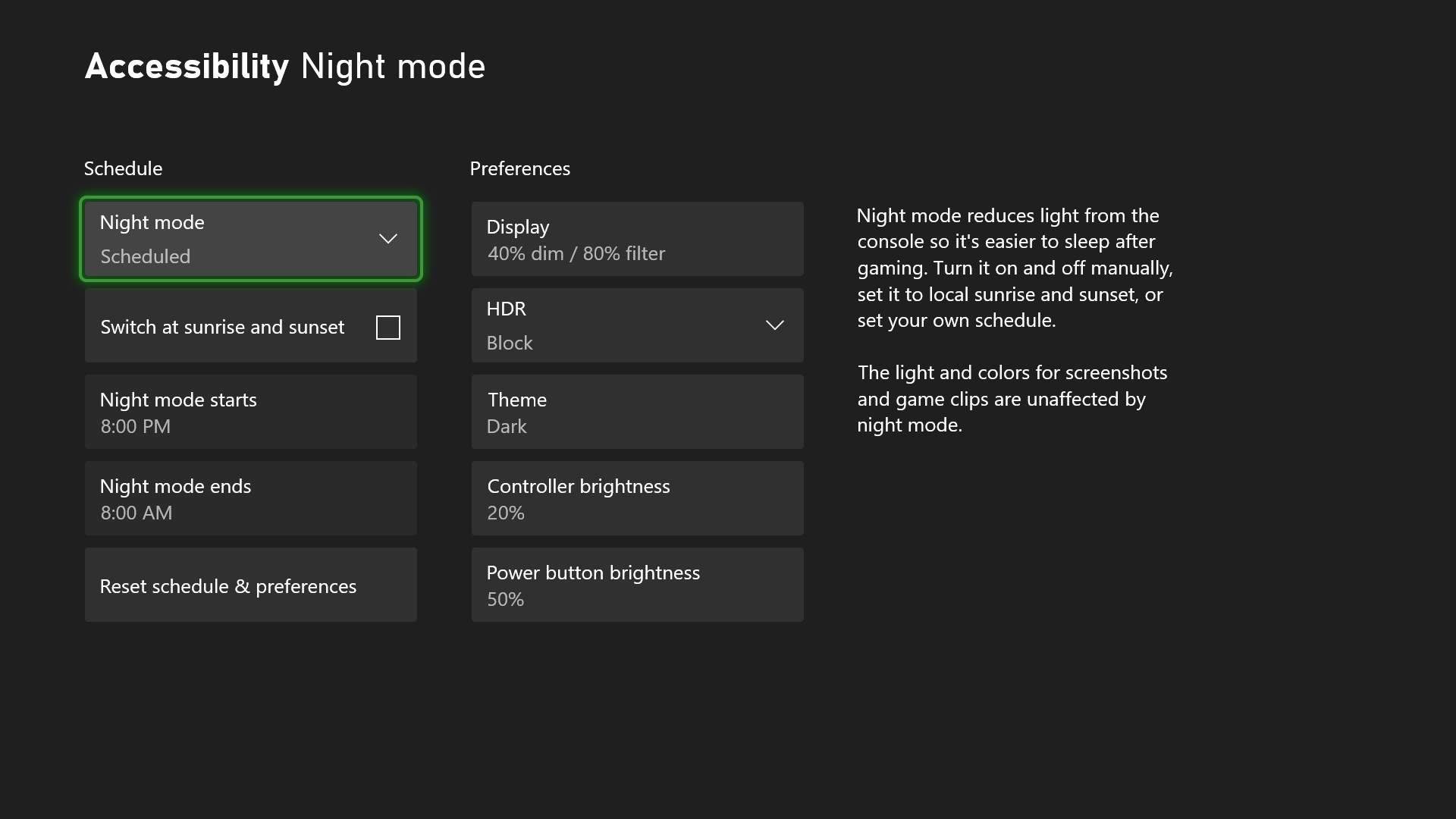 Xbox night mode settings page