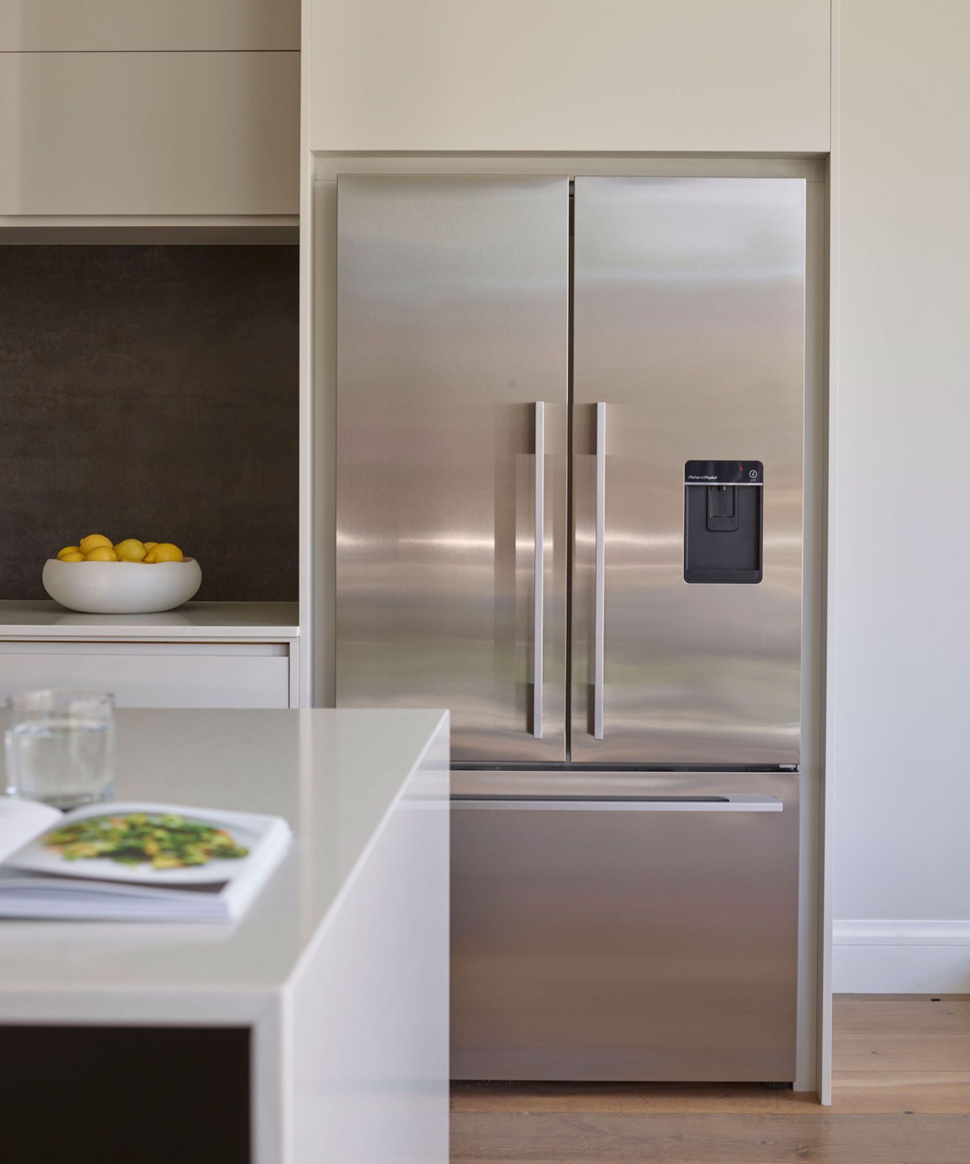 kitchen with stainless steel fridge freezer