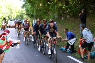 LUZ ARDIDEN FRANCE JULY 15 Tao Geoghegan Hart of The United Kingdom and Team INEOS Grenadiers leads The Breakaway during the 108th Tour de France 2021 Stage 18 a 1297km stage from Pau to Luz Ardiden 1715m Fans Public LeTour TDF2021 on July 15 2021 in Luz Ardiden France Photo by Tim de WaeleGetty Images