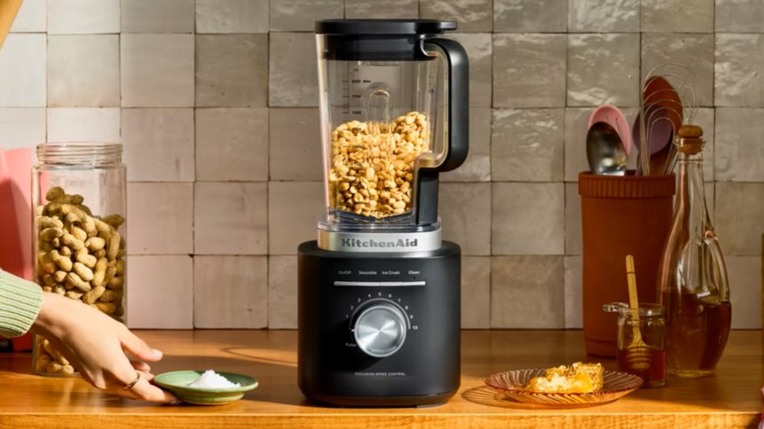 KitchenAid Pure Power blender on kitchen counter with ingredients