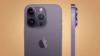En iPhone 14 Pro visas upp mot en gulbeige bakgrund.