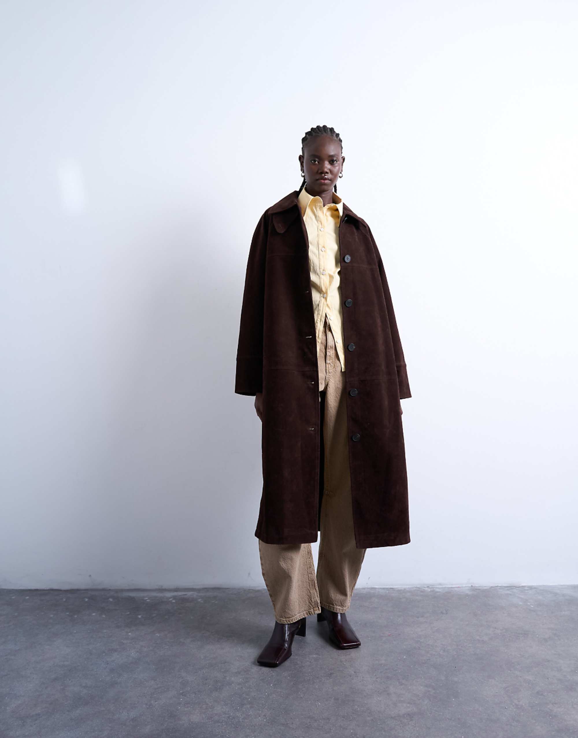 Topshop Faux Suede Long Car Coat With Neck Tab in Brown