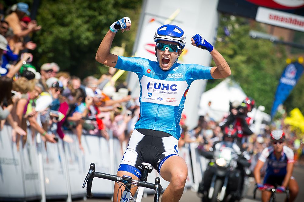 Abigail Mickey (UHC) comes across the finish line taking the Young Rider jersey.