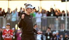 Nelly Korda fist pumps after holing the winning putt in a playoff at the LPGA Drive On Championship