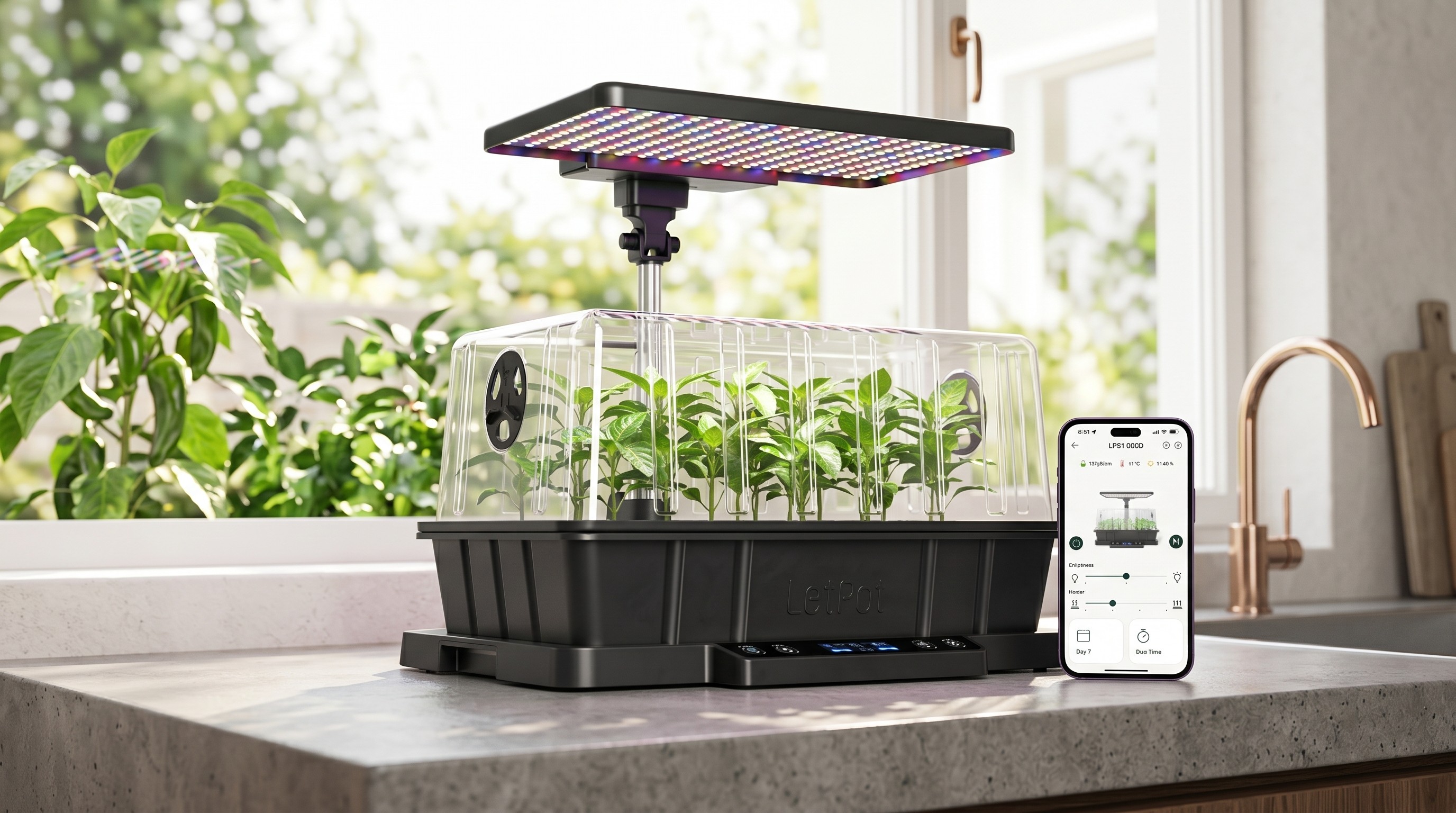 Letpot seed starter on kitchen counter with cellphone