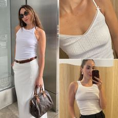 editor trying on the best white tank tops