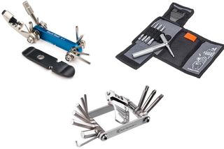 Best Bike Accessories for perfecting a fit on a ride will be a multi-tool. This image shows Clockwise from top right: Park Tool’s IB-3, Fabric Sixteen and Blackburn’s Big Switch multi-tools on a white background
