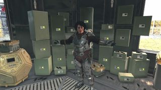 Starfield lockpicking - a woman stands in front of a vast collection of safes and locked containers strewn with digipicks