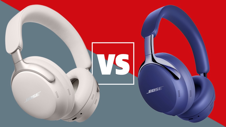 The Bose QuietComfort Ultra Headphones (2nd Gen) and first-gen models on a red and grey background with a white versus sign between them.
