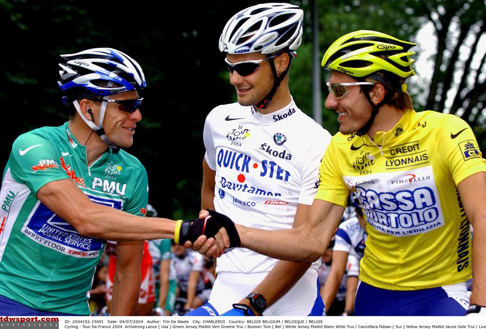 Lance Armstrong, Tom Boonen and Fabian Cancellara ahead of stage 1 at the 2004 Tour de France