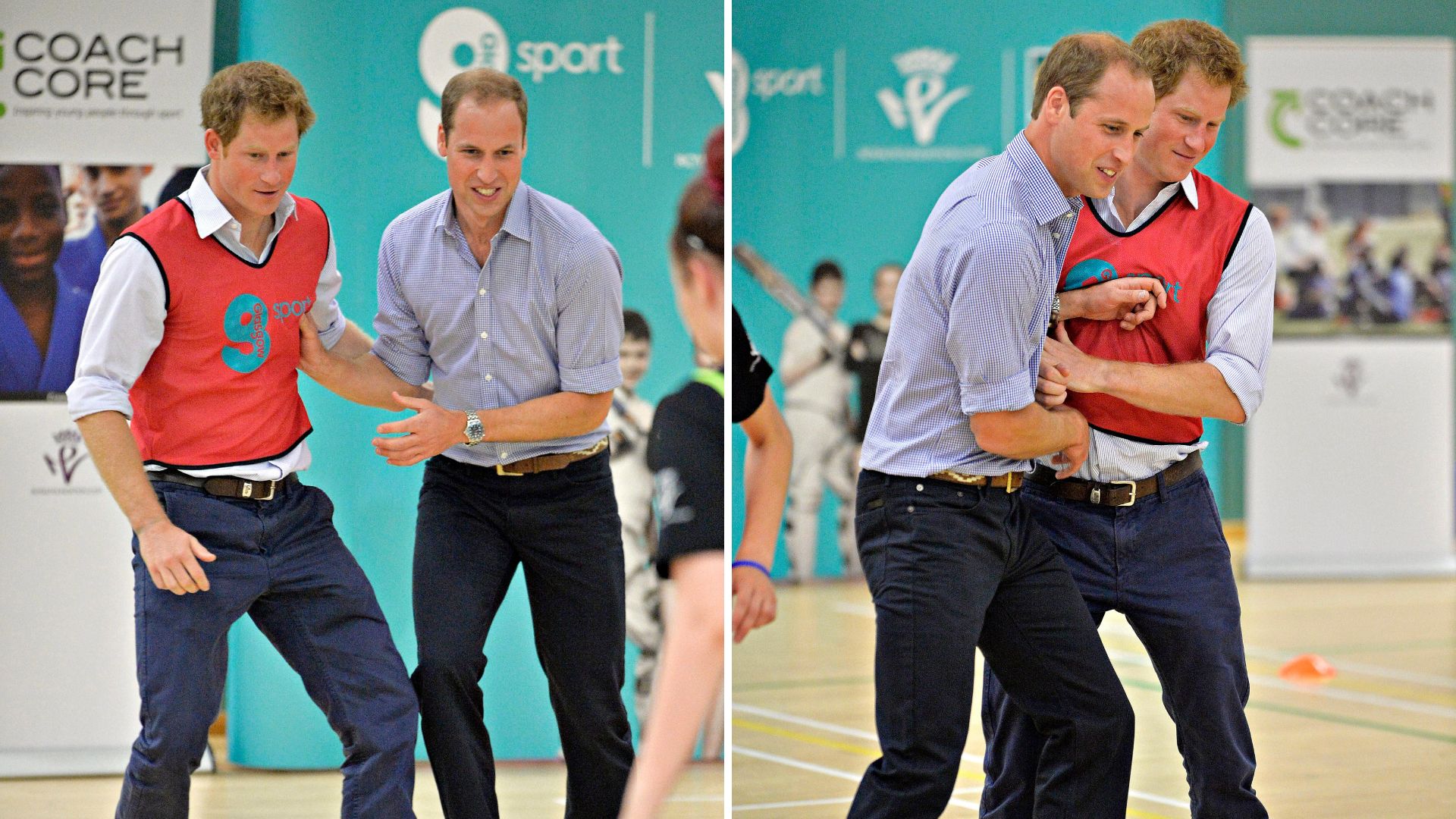 Two photos of Prince William and Harry playing indoor football