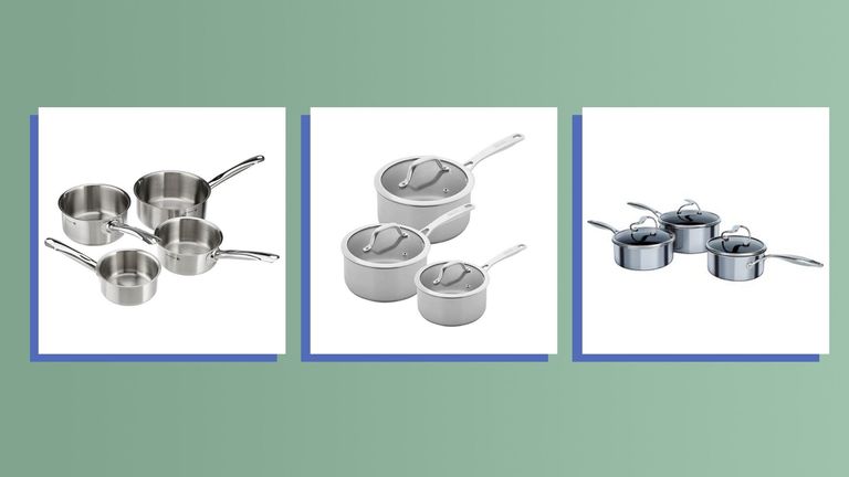 a collage image of some of w&h's selection of the best stainless steel pans