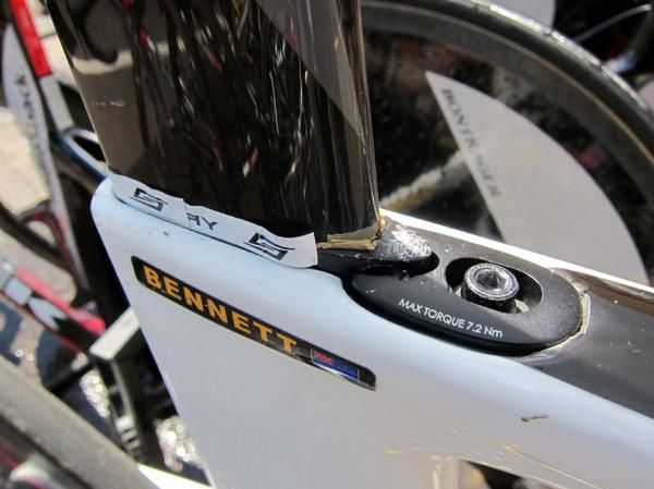 Trek supplies its road teams with different Speed Concept seatposts that are shallower front-to-back to comply with UCI guidelines. Note the extra aluminum spacer occupying the missing cross-sectional area just behind the binder wedge.