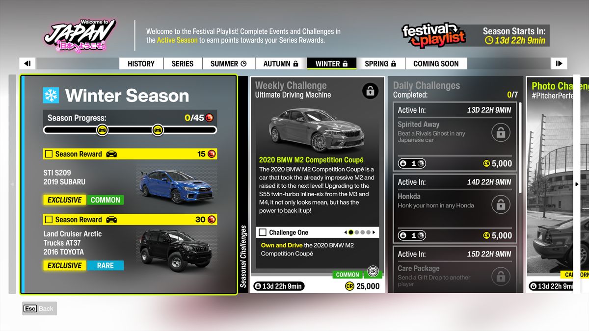 Forza Horizon 6 Series 1: An infographic of the Winter Festival Playlist challenges and rewards.