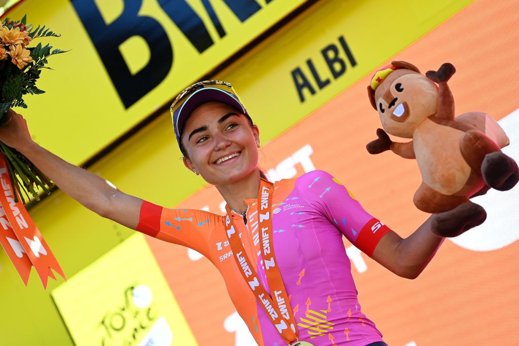 ALBI FRANCE JULY 27 Ricarda Bauernfeind of Germany and Team CanyonSRAM Racing celebrates at podium as stage winner during the 2nd Tour de France Femmes 2023 Stage 5 a 1261km stage from OnetleChteau to Albi 572m UCIWWT on July 27 2023 in Albi France Photo by Tim de WaeleGetty Images