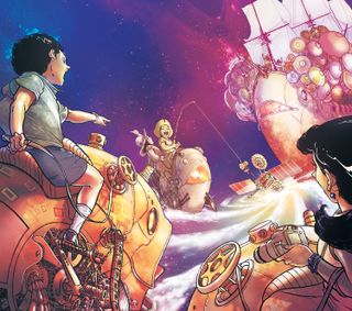 Fantasy art scene of children riding mechanical creatures in front of a ship, in the clouds